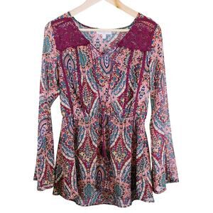 Love Fire Bell Sleeve Lace Top Blouse Boho 60s Hippie Paisley Purple Pink Small